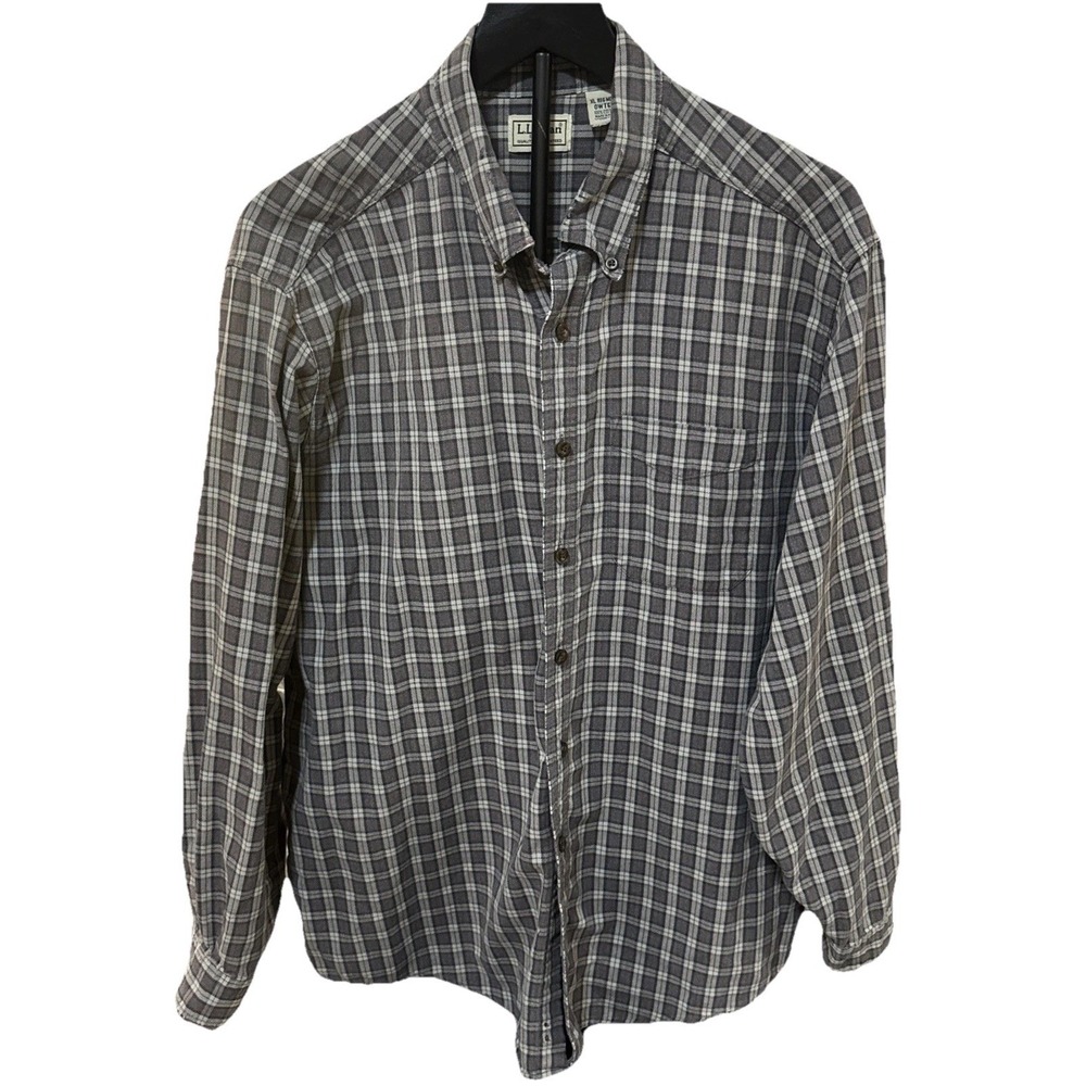 LL Bean Mens 100% Cotton Heavyweight Button Down Top Plaid Gray Preppy Casual XL